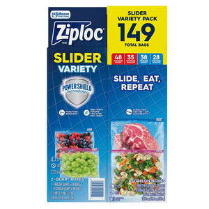 Ziploc Gallon Quart Freezer and Storage Slider Bags Variety Pack, Power Shield Technology, 149 ct.