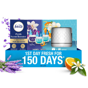 Febreze PLUG Scent Booster Oil Starter Kit, Refresh & Energize + CALM Lavender & Vanilla Bean, 1 Warmer + 3 Refills, 2.63 fl. oz.