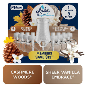 Glade PlugIns Scented Oil, Cashmere Woods with Sheer Vanilla Embrace, 1 Warmer + 9 Refills