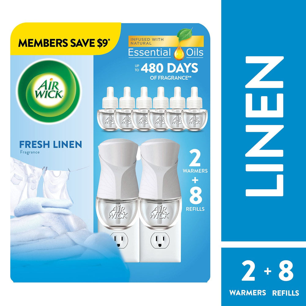 Air Wick Plug In Scented Oil Kit, Fresh Linen, 2 warmers + 8 refills