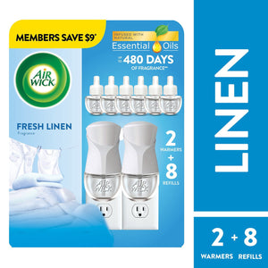 Air Wick Plug In Scented Oil Kit, Fresh Linen, 2 warmers + 8 refills
