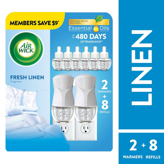 Air Wick Plug In Scented Oil Kit, Fresh Linen, 2 warmers + 8 refills