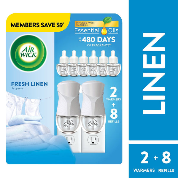 Air Wick Plug In Scented Oil Kit, Fresh Linen, 2 warmers + 8 refills