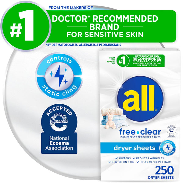 all Fabric Softener Dryer Sheets, Free Clear, 250 ct.