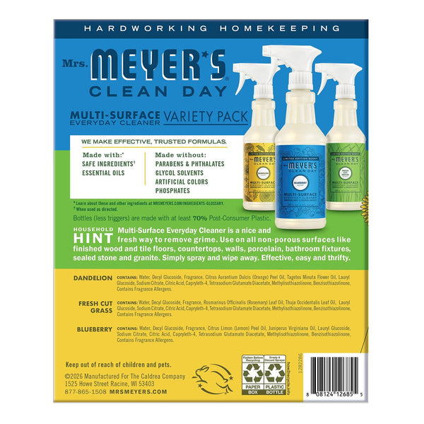 Mrs. Meyers Multi-Surface Cleaner Limited Edition Summer Scents, Dandelion, Fresh Cut Grass, Blueberry, 16 fl oz,  3pk