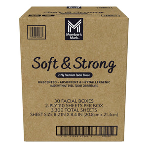 Member's Mark Soft and Strong 2-Ply Facial Tissues 30 boxes., 110 tissues/box