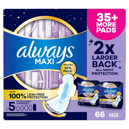 Always Maxi Overnight Pads with Wings, Size 5, 66 ct.