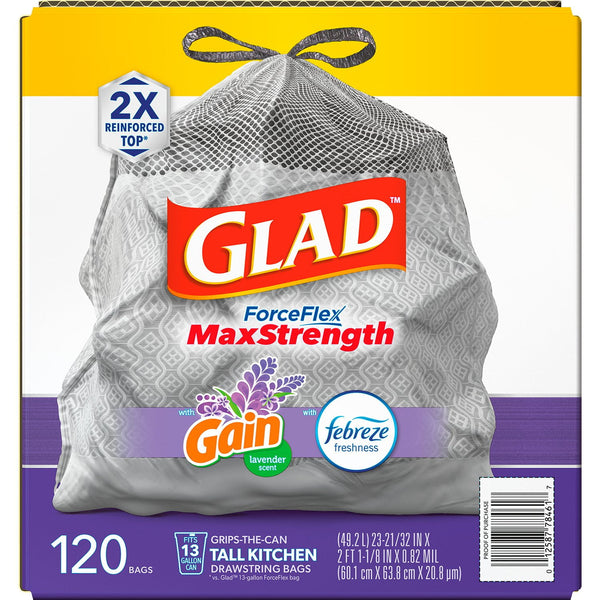 Glad ForceFlex MaxStrength Tall Kitchen Drawstring Trash Bags, Gain Lavender with Febreze Freshness, 13 Gallon, 120 ct.