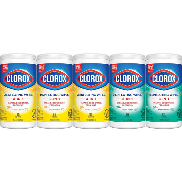 Clorox Disinfecting Wipes, Variety Pack, Fresh Scent and Crisp Lemon, 5 pack ct., 425 wipes total