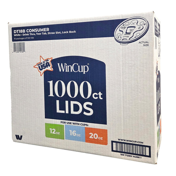 WinCup Lids with Drink Thru Tear Back and Straw Slot 18 Series, White, 12-20 oz., 1000 ct.