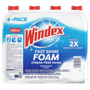 Windex Fast Shine Foam Glass Cleaner, No-Drip Aerosol Cleaning Spray, 19 oz., 4 pk.