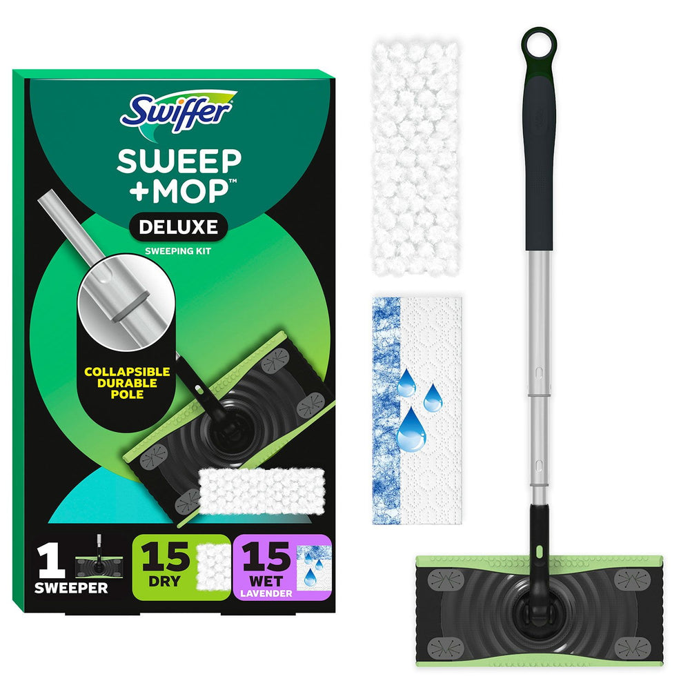 Swiffer Sweep + Mop Deluxe Sweeping Kit, 1 Device + 15 Sweep Refills + 15 Mop Refills