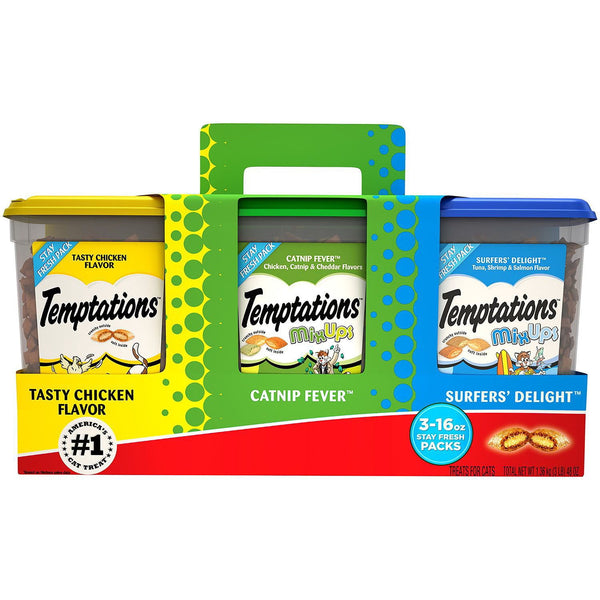 TEMPTATIONS Cat Treats Variety Pack with Tasty Chicken Flavor, Catnip Fever, & Surfers' Delight, 16 oz., 3 tubs