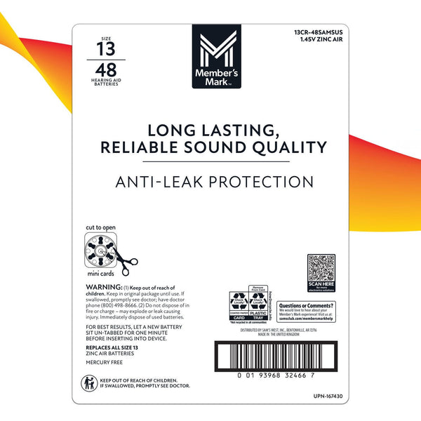 Member's Mark Hearing Aid Batteries, Size 13, Orange Tab, 48 ct.
