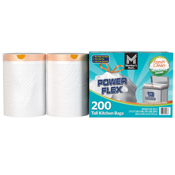 Member's Mark Power Flex 13-Gallon Tall Kitchen Trash Bags, Fresh Scent, 200 ct.
