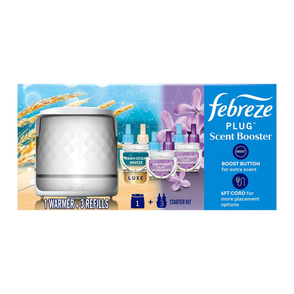 Febreze PLUG Scented Oil Starter Kit, Warmer +  2 Southern Lilac Mornings + 1 Warm Ocean Breeze Refills