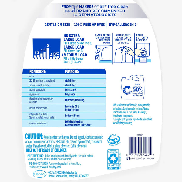 all Liquid Laundry Detergent, Sensitive Fresh, 208 Ounce, 166 Loads