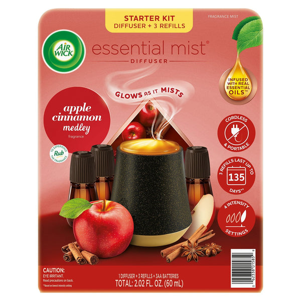 Air Wick Essential Mist Cordless Oil Diffuser, Apple Cinnamon Medley, 1 diffuser + 3 refills