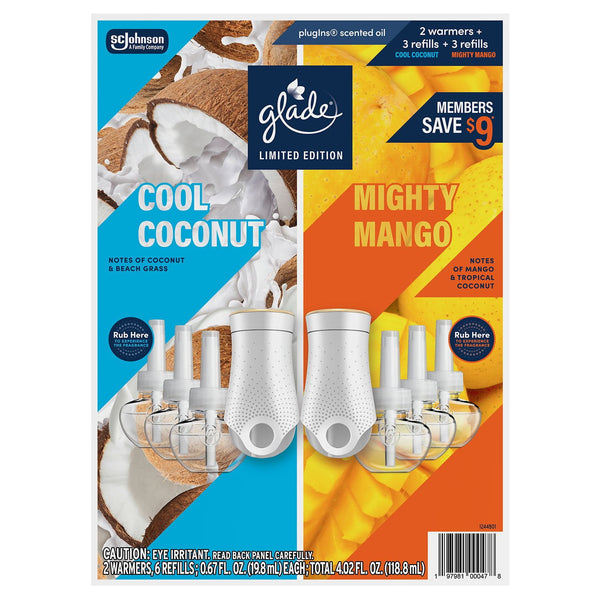 Glade PlugIns Scented Oil, Cool Coconut & Mighty Mango, 2 Warmers + 6 Refills