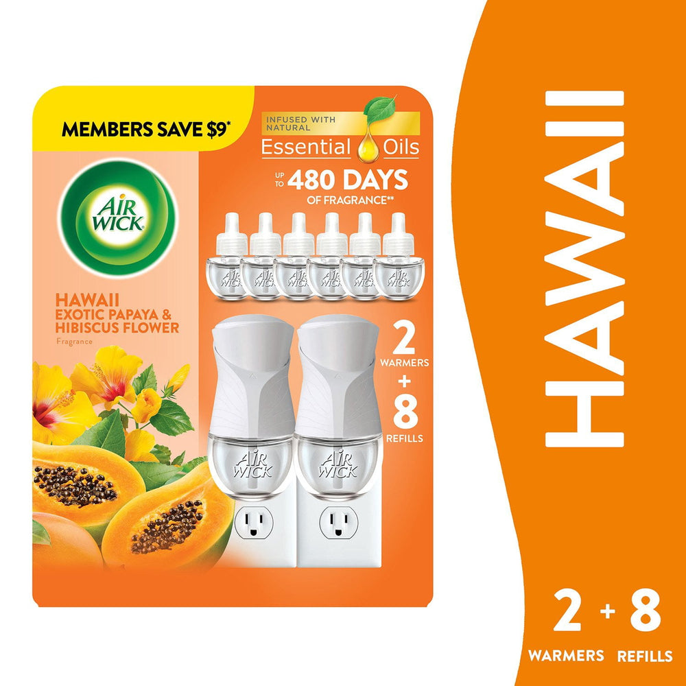 Air Wick Plug In Scented Oil Air Freshener, Hawaii Exotic Papaya & Hibiscus Flower, 2 warmers + 8 refills