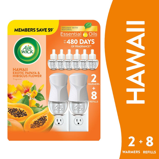 Air Wick Plug In Scented Oil Air Freshener, Hawaii Exotic Papaya & Hibiscus Flower, 2 warmers + 8 refills