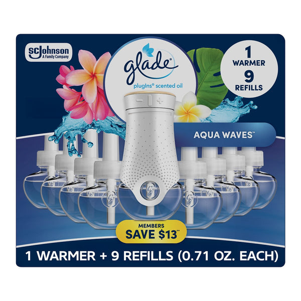 Glade PlugIns Scented Oil, Aqua Waves, 1 Warmer + 9 Refills