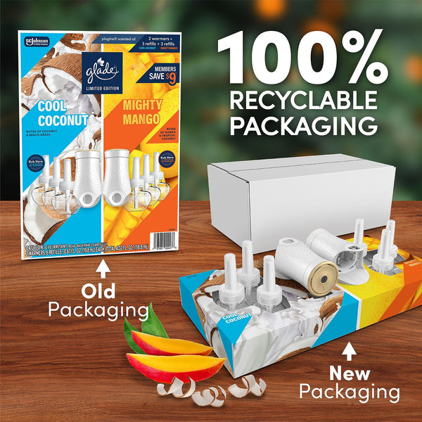 Glade PlugIns Scented Oil, Cool Coconut & Mighty Mango, 2 Warmers + 6 Refills