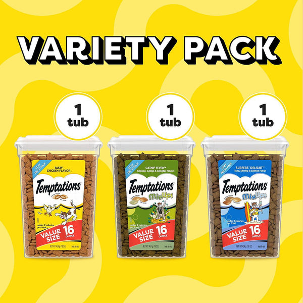 TEMPTATIONS Cat Treats Variety Pack with Tasty Chicken Flavor, Catnip Fever, & Surfers' Delight, 16 oz., 3 tubs