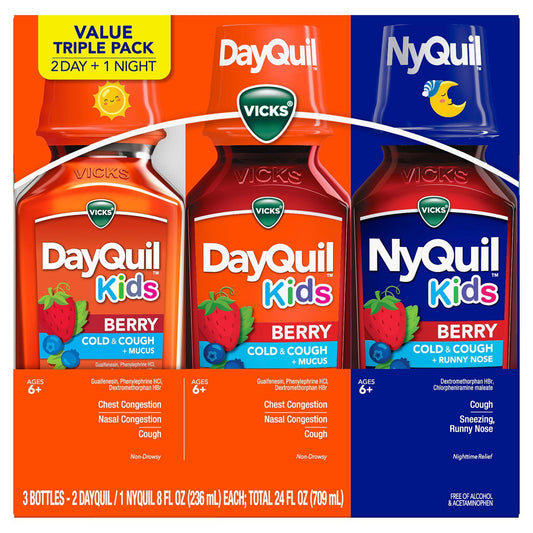 Vicks DayQuil & NyQuil Kids' Cold & Cough Liquid, Berry, 8 fl. oz., 3 pk.