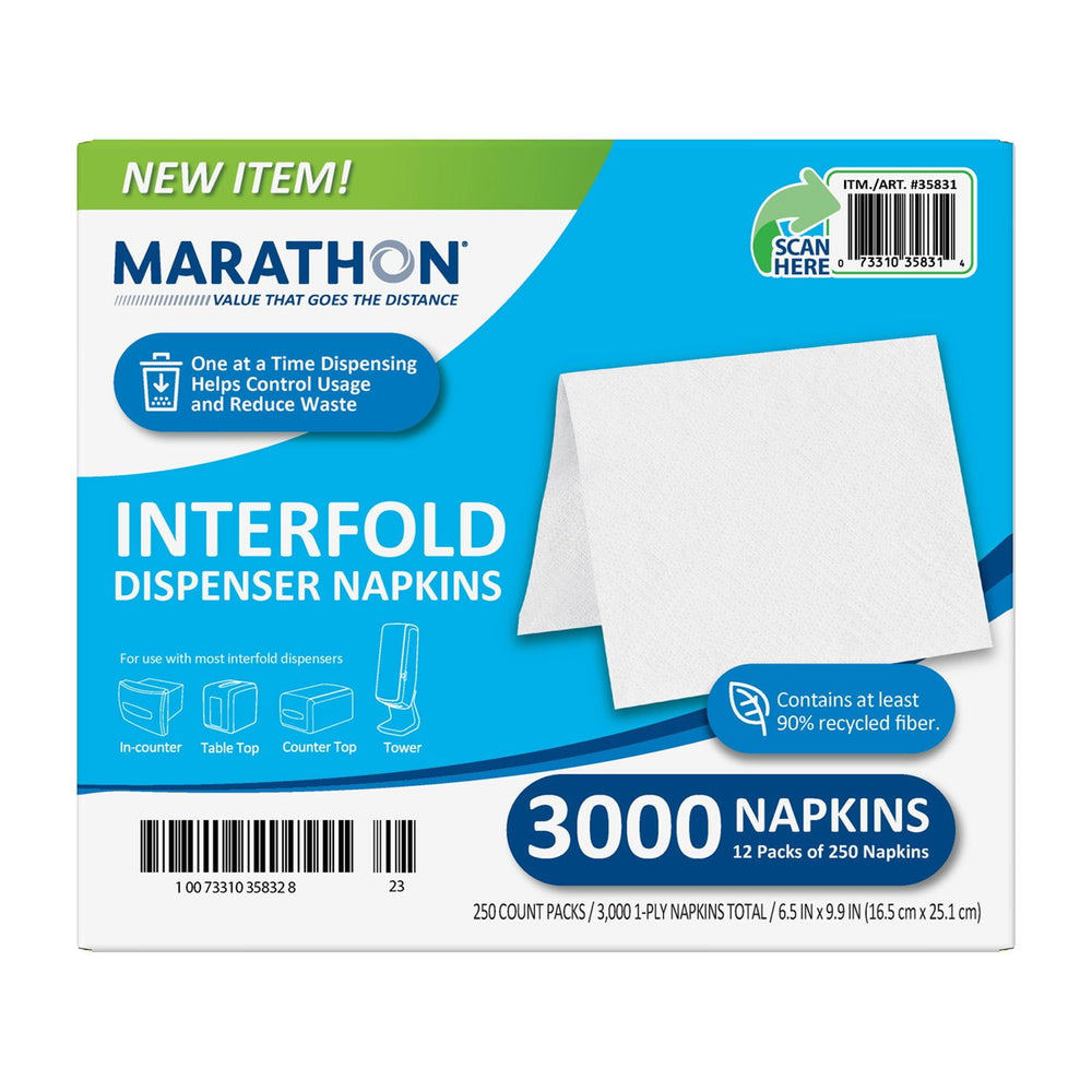 Marathon Interfold 1-Ply White Dispenser Napkins, 12 pk., 250 napkins/pk.