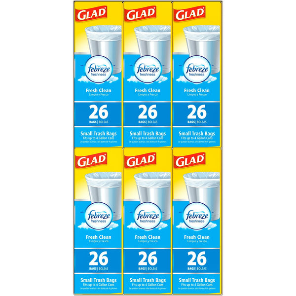 Glad Small Twist-Tie White Trash Bags, Fresh Clean Scent with Febreze Freshness, 4 gal., 156 ct.