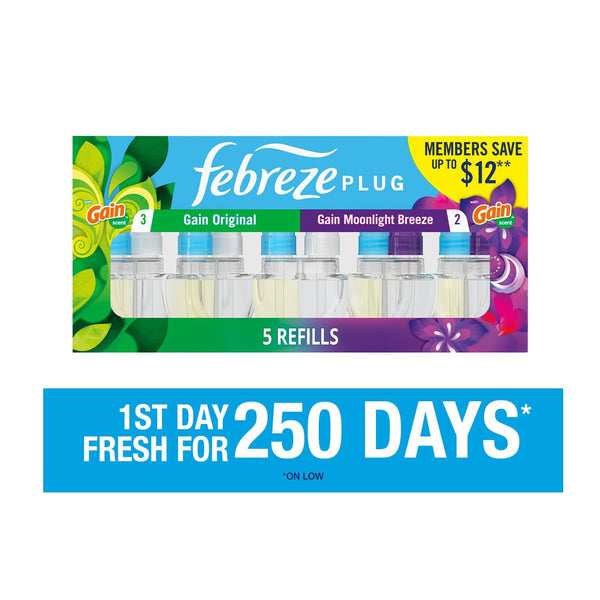 Febreze Plug Air Freshener, Gain Original + Gain Moonlight Breeze, 5 refills, 4.35 fl. oz.