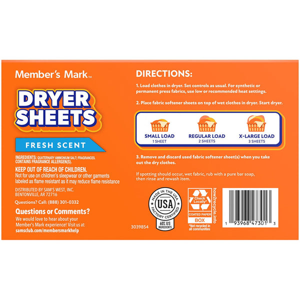 Member's Mark Fabric Softener Dryer Sheets, Fresh Scent, 480 ct.