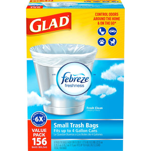 Glad Small Twist-Tie White Trash Bags, Fresh Clean Scent with Febreze Freshness, 4 gal., 156 ct.