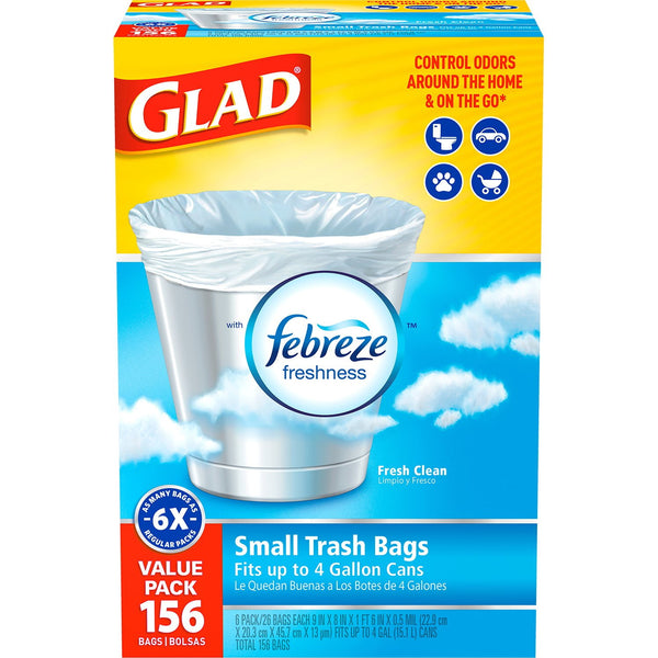 Glad Small Twist-Tie White Trash Bags, Fresh Clean Scent with Febreze Freshness, 4 gal., 156 ct.