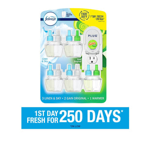 Febreze Fade Defy PLUG Air Freshener, Linen & Sky + Gain Original 1 Warmer + 5 Refills