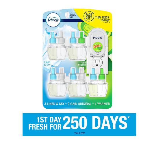 Febreze Fade Defy PLUG Air Freshener, Linen & Sky + Gain Original 1 Warmer + 5 Refills