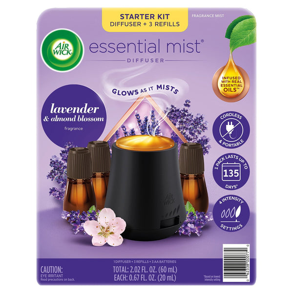 Air Wick Essential Mist Kit, Lavender & Almond Blossom, 1 diffuser + 3 refills