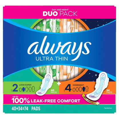 Always Ultra Thin Pads Duo Pack, 74 ct.