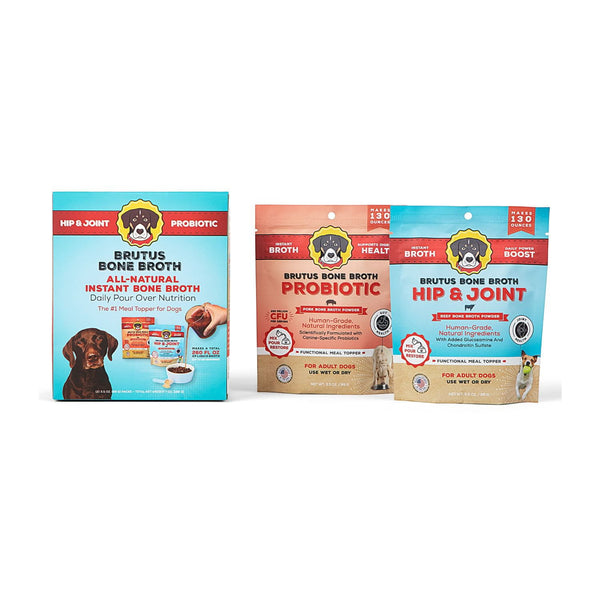 Brutus Bone Broth, Beef Powder Hip & Joint & Pork Probiotic Powder Variety Pack, Dog Food Topper, 3.5 oz., 2 pk.