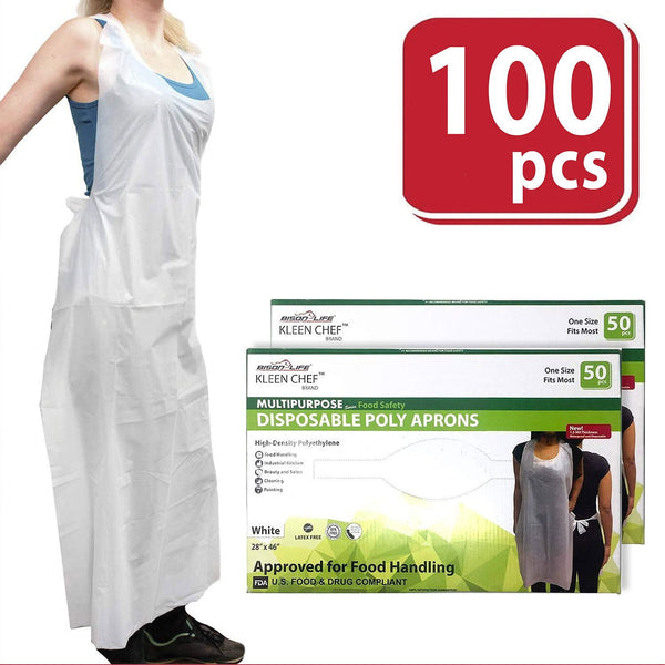 Kleen Chef Disposable Waterproof Poly Aprons, White 100 ct.