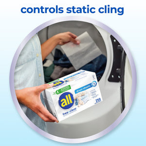 all Fabric Softener Dryer Sheets, Free Clear, 250 ct.